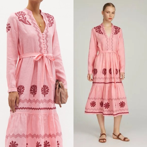 SALONI Alexa Embroidered Cotton Tiered Midi Dress in Geranium Pink Sz 4 US - Picture 1 of 7